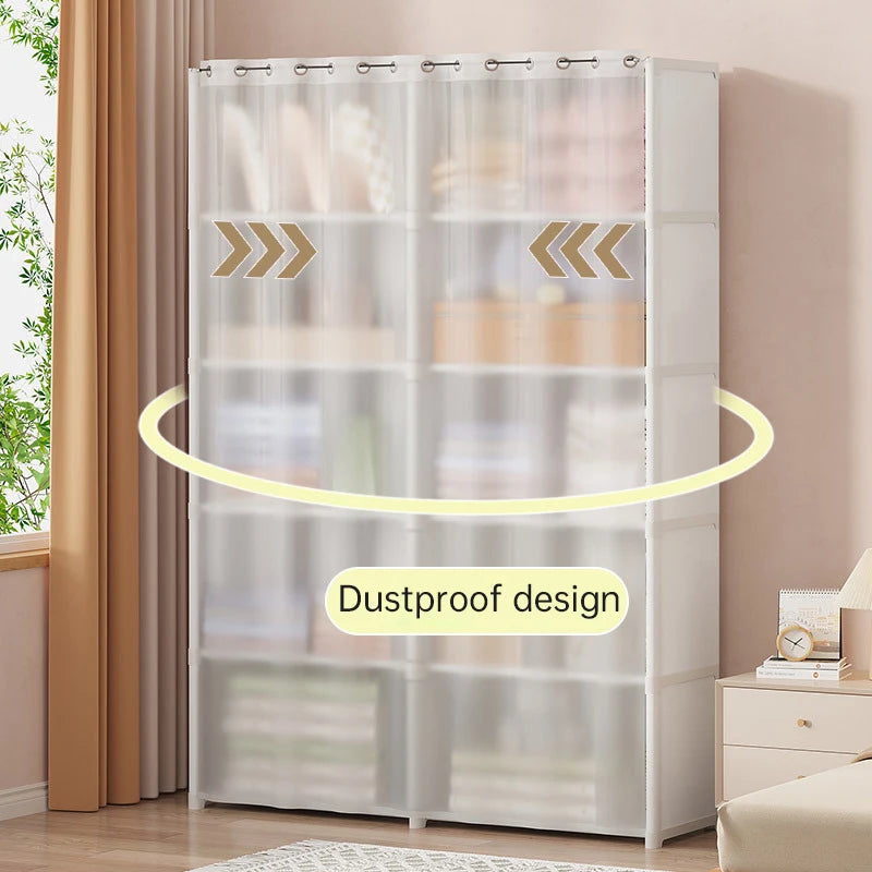 Multi-layer Storage Rack Dustproof Wardrobe Storage Cabinet Multifunctional with Curtains Portable Clothes Organizer Cabinet