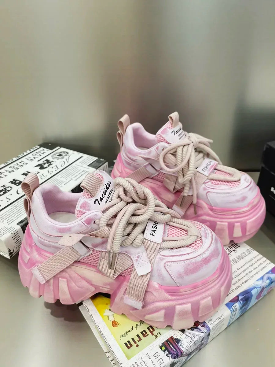 Women Chunky Sneakers High Heels Platform Thick Bottom Mesh Shoes Height Increase Fashion Unique Design Luxury Brand Spring 2025