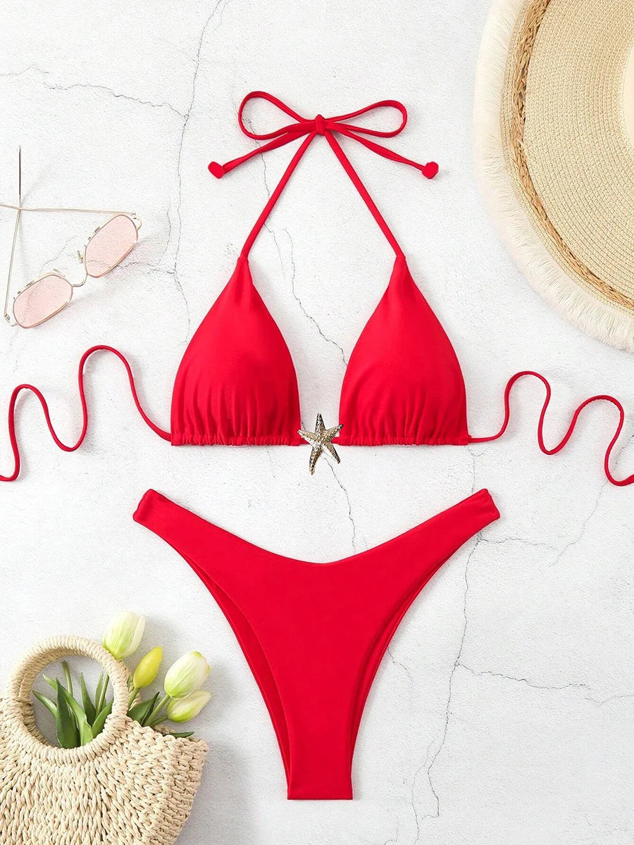 Sexy Bikini Set Solid Swimsuit Women Beachwear 2026 Thong Micro Bikinis Female Swimwear High Cut Neck Bathing Suit Beach Biquini