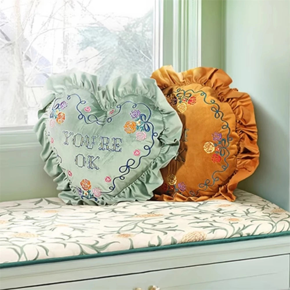 European-Style Pillow Two-Sided Sponge Balcony Cushion Home Decoration Embroidery Letter Printing Ruffled Round Love Pillowcase
