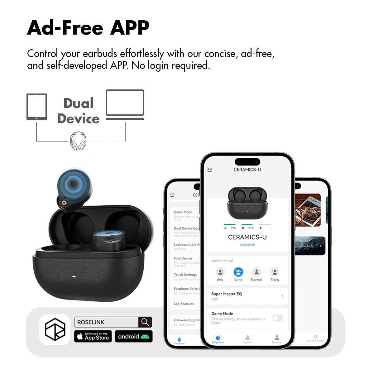 ROSESELSA Ceramics Ultra True Wireless Earbuds, 50dB Hybrid ANC Earphones,4 Mic AI Call, Hi-Res LDAC/LHDC Audio, HR+ Planck Driv