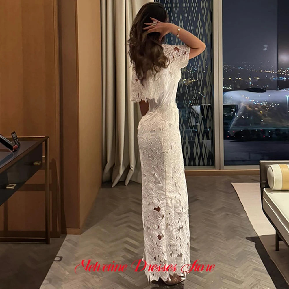 Fashion Appliques Evening Dress High Quality V-Neck Appliques Customized Prom Dresses Modern Short Sleeves Celebrity Gowns