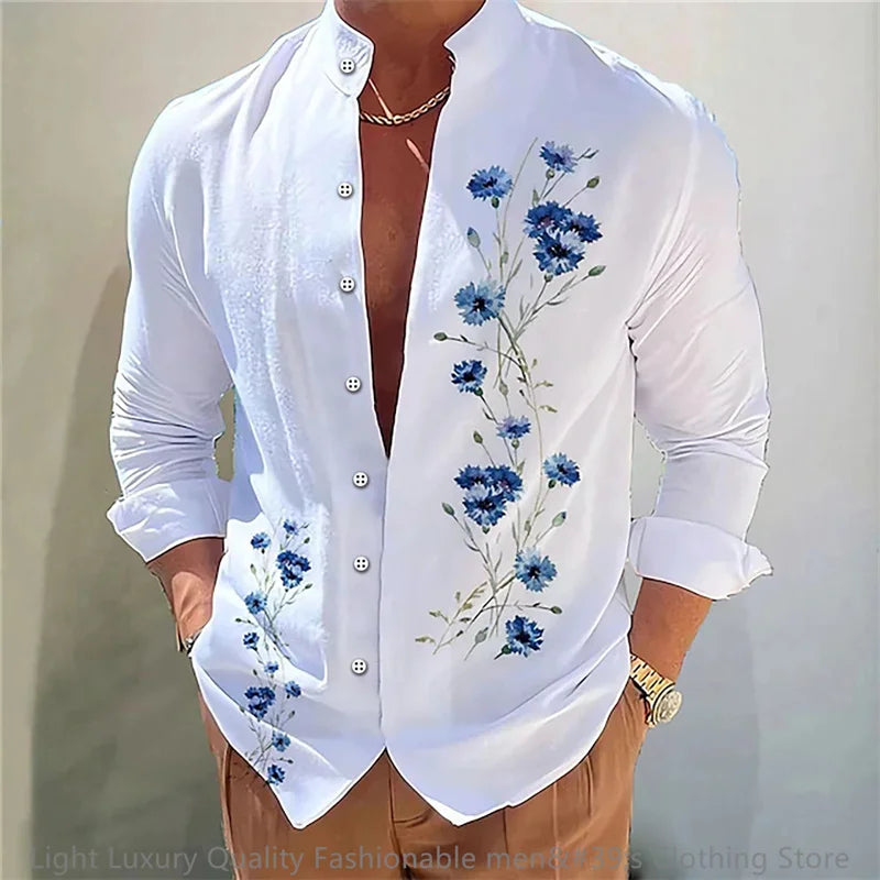 New men's shirt long-sleeved shirt 3D printing flower pattern long-sleeved standing clothing fashion casual XS-6XL soft fabric