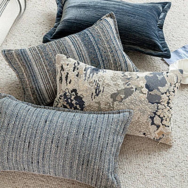 Luxury Premium Vintage Blue Lumbar Pillow Cover Chenille Textured Jacquard Woven Abstract Art Cushion Cover for Sofa Home Decor