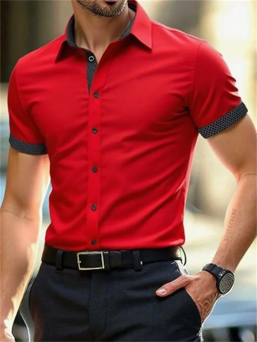 Men's short-sleeved shirt summer slim casual dress light and thin elastic no iron business shirt fashion luxury all seasons