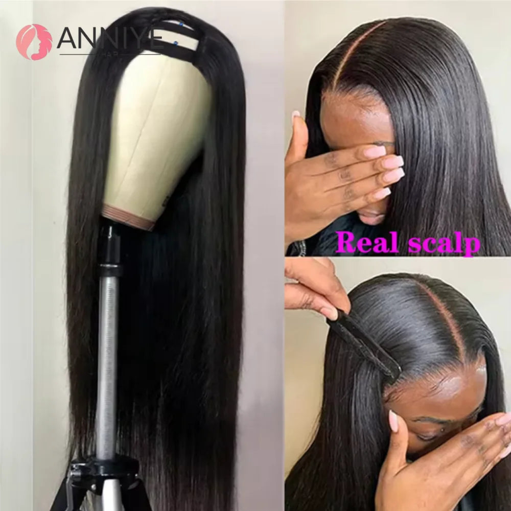U Part Machine Made U Part Wig Human Hair Straight Wig Glueless U Part Wig Human Hair Wigs Blend with Your Own Hairline ANNIYE