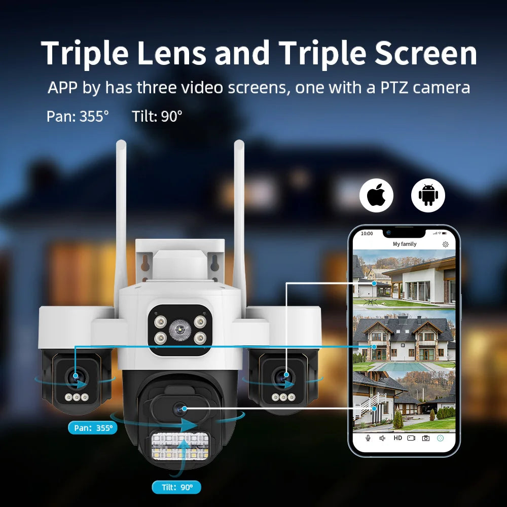 ICsee15MP Security Camera 3-HD Screen PTZ Outdoor WiFi IP Cam with Auto Tracking IP66 Waterproof 2-Way Audio CCTV Surveillance