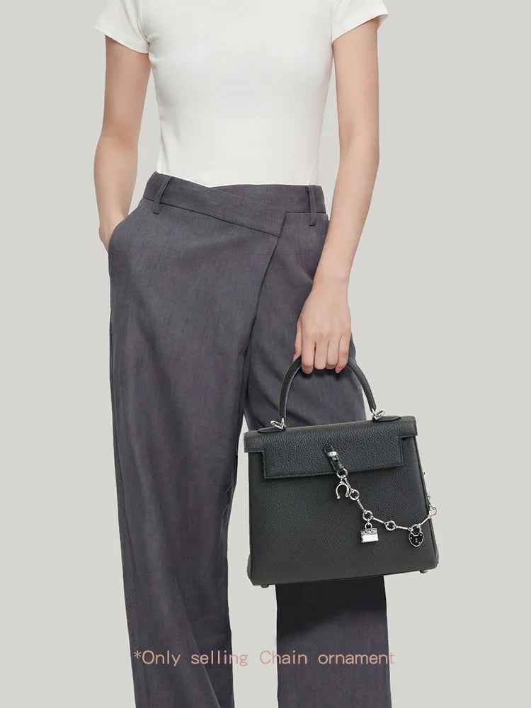 Luxury Metal Spliced Calfskin Bag Charm Silver Chain Pendant For Birkin Kelly Handbag Decor，Fashion Bag Accessory