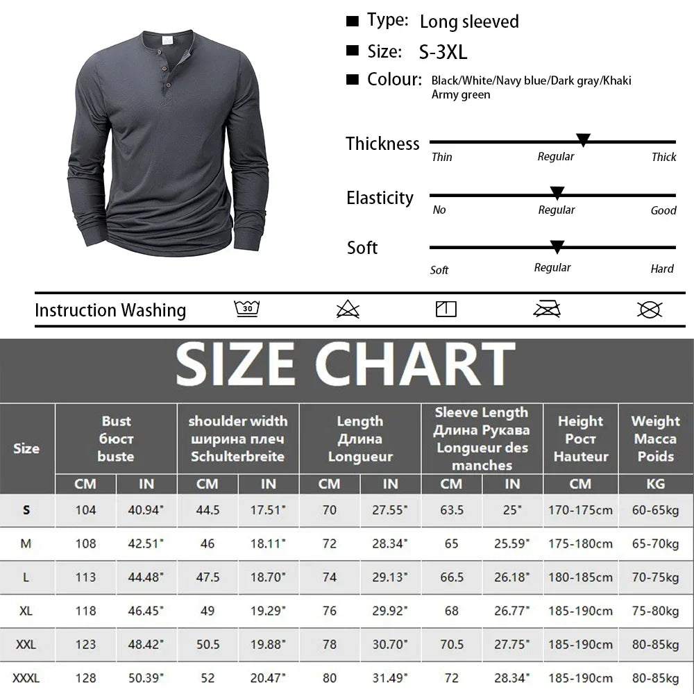 Men Long Sleeved T-shirt Slim Fit Bottoming Shirt Fitness Tops Tees Button Henley Neck Casual Cozy Tshirt