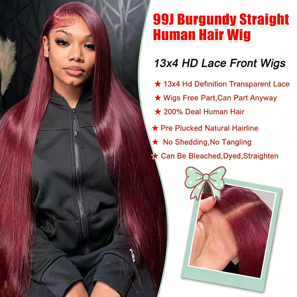 28 Inch 99J Burgundy Bone Straight Human Hair Wigs 13x4 HD Lace Front Pre Plucked with Baby Hair Body Wave Deep Curly Human Hair Wigs
