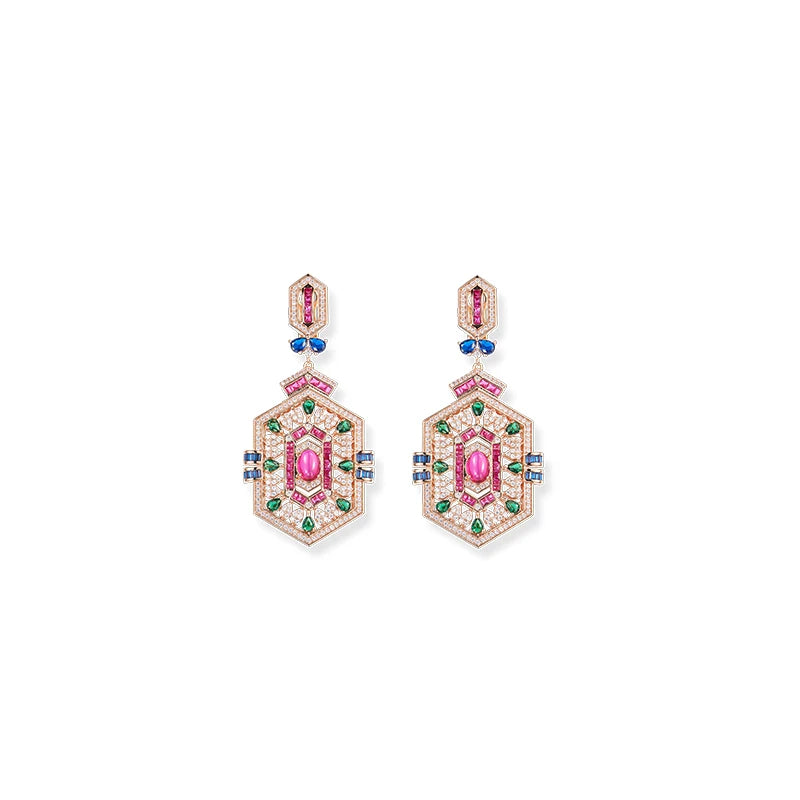 Designer Collection Earrings Necklace Women Lady Inlay Cubic Zircon Synthetic Ruby Rhombus Tassels Pendant Party Jewelry Sets