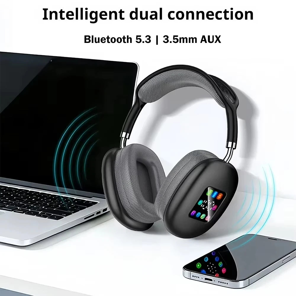 Bluetooth 5.3 Headphones with LED Screen 3.5mm AUX Over Ear Earphones HIFI Stereo Noise Cancelling Wireless Headsets