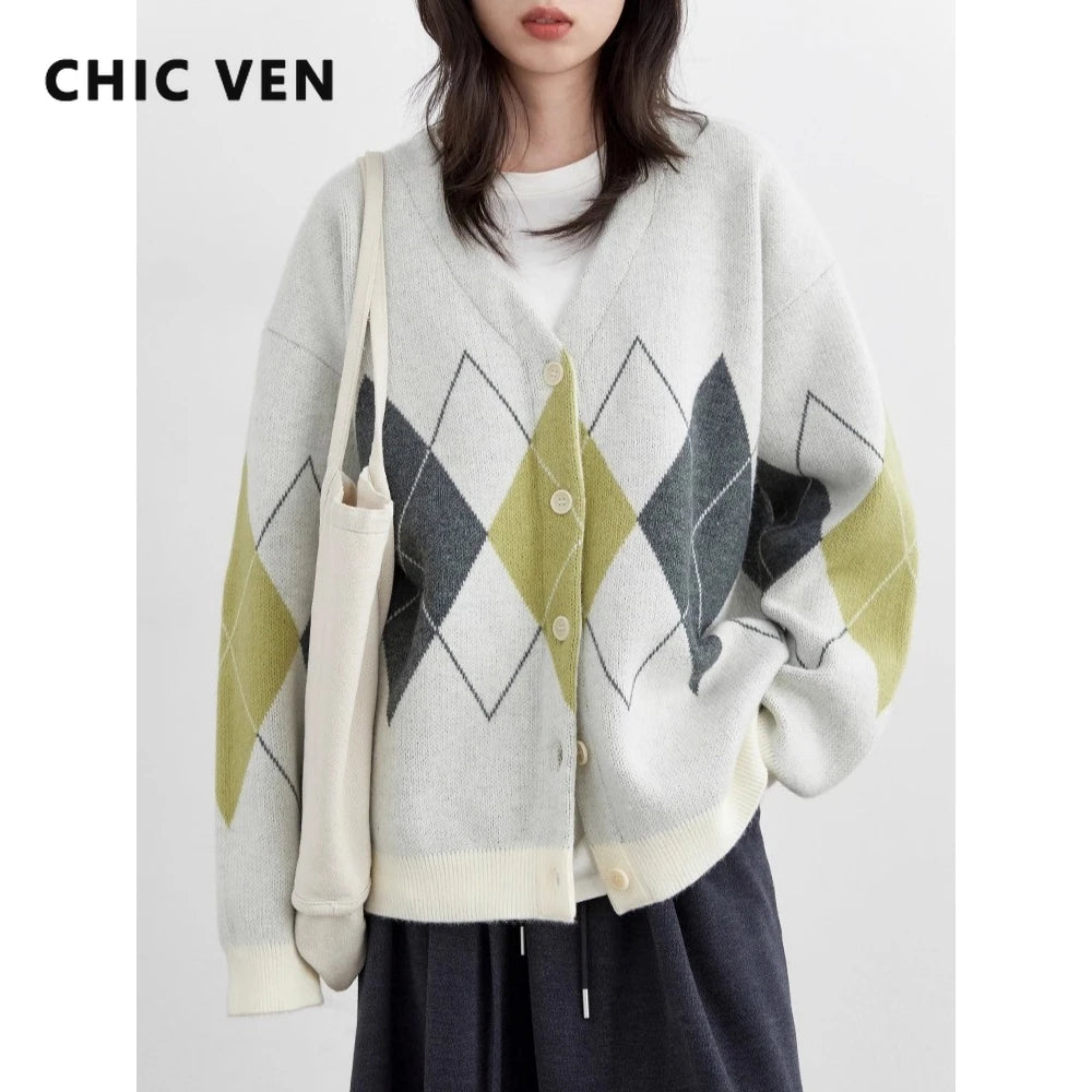 CHIC VEN Women Sweaters Loose Casual Retro Diamond Grid Jacquard Knitted Ladies Cardigan V-neck Jumpers Autumn Winter 2025