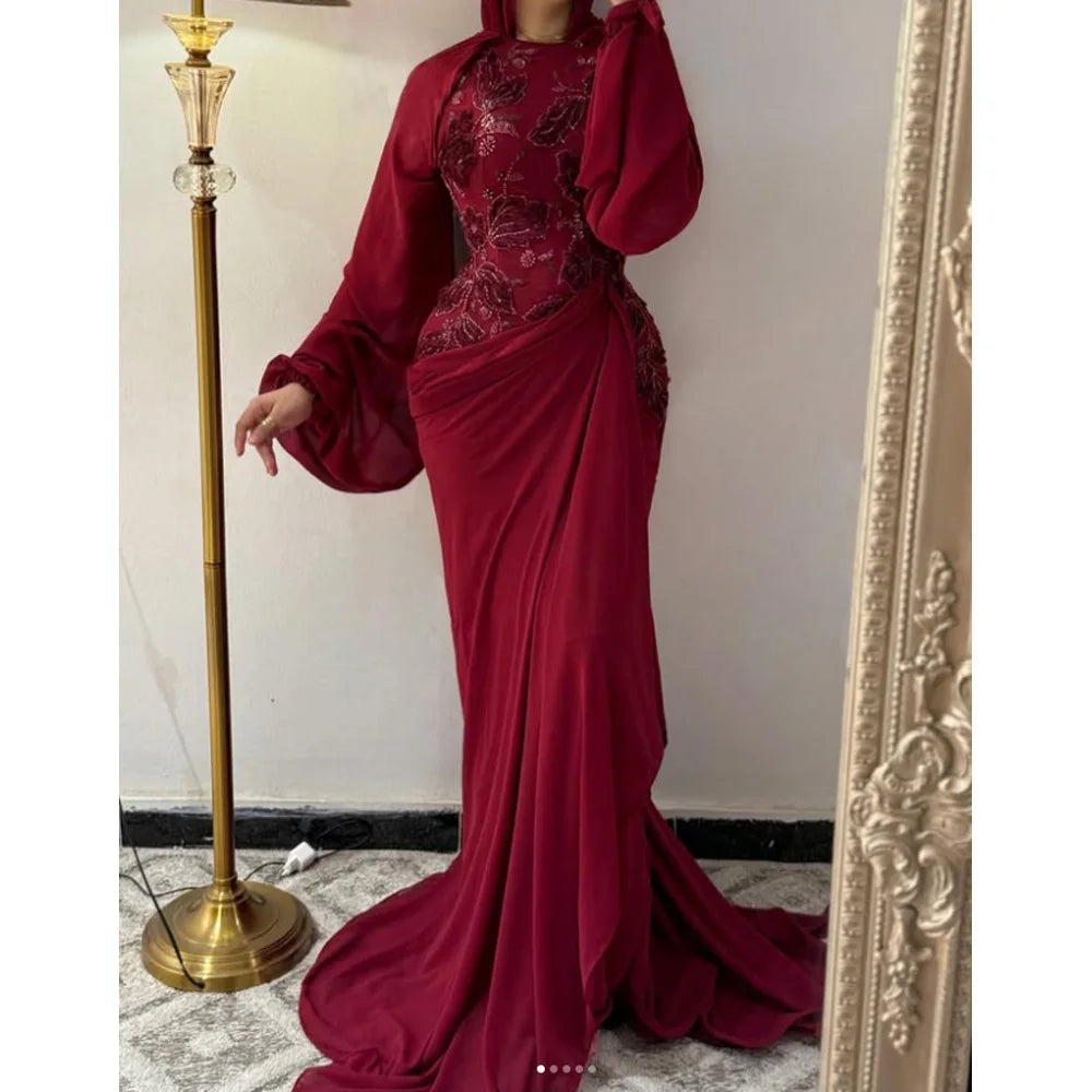 Customized Mermaid Evening Dresses Floor-length O-neck Full Sleeve Prom Gown Fashion Flowers Sequins Simple Draped Party Gown