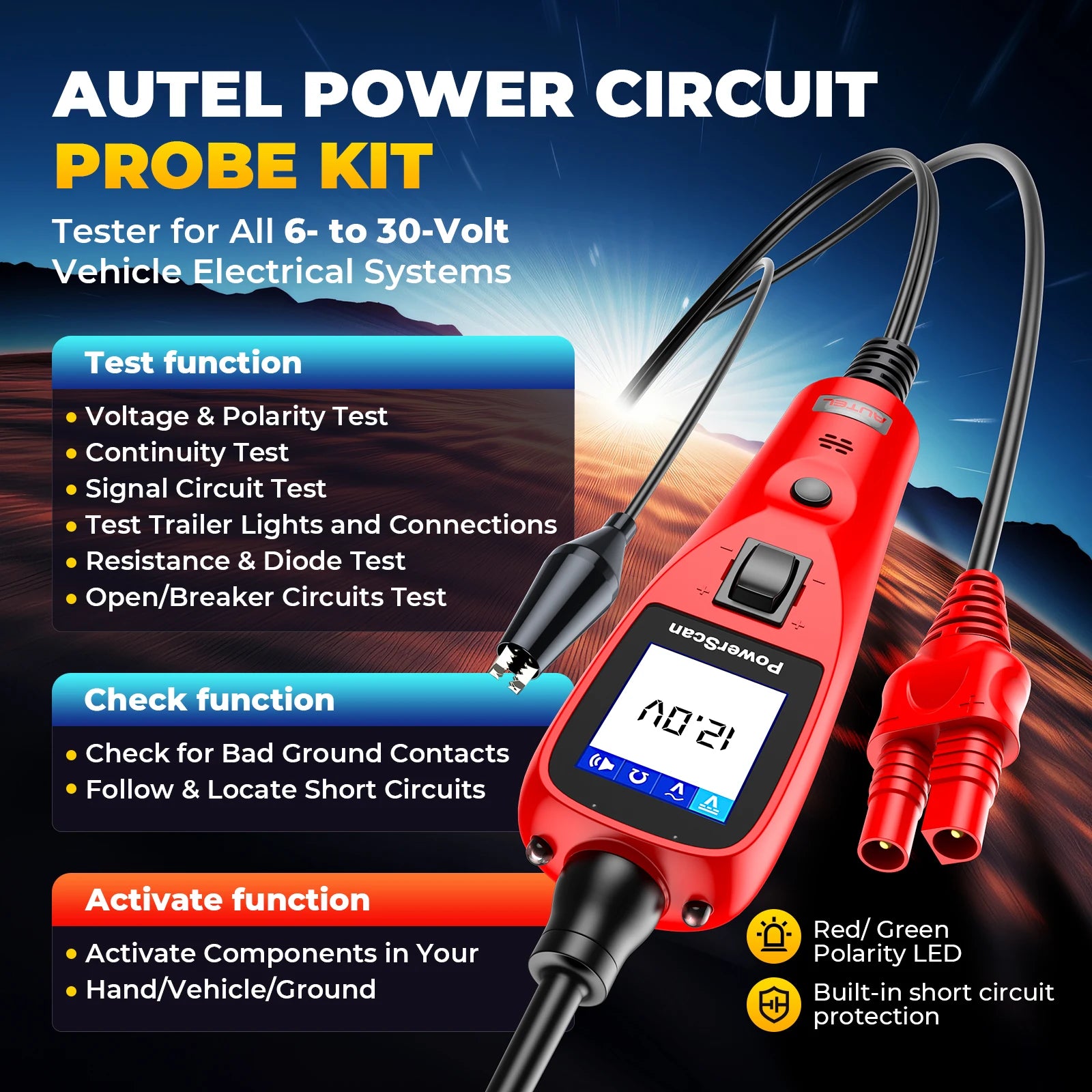 Autel Power Scan PS100 Car Circuit Tester, Universal 12V 24V Automotive Power Circuit Probe Kit with 40FT Cable, AC/DC/Continuity/Probe/Signal Test, Activate Component Electrical System Tool