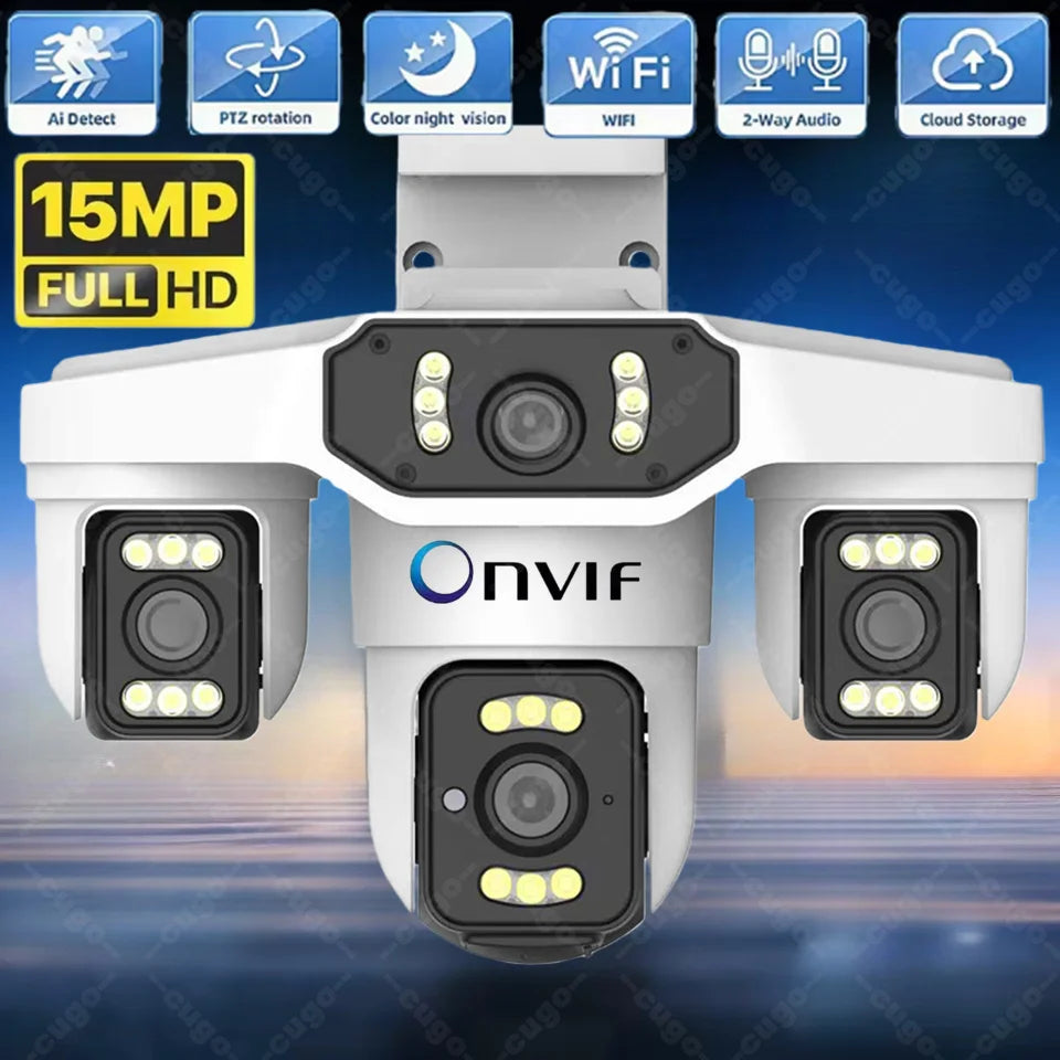 8K 15MP Security WIFI Camera Three Screen Outdoor Cam Four Lens Ai Human Detection Waterproof CCTV Video IP Cameras Onvif Yoosee