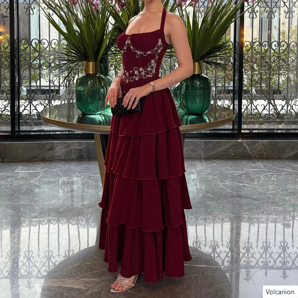 Customized A-line Evening Dresses Floor-length Spaghetti Strap Sleeveless Prom Gown Fashion Crystal Flowers Draped Party Gown