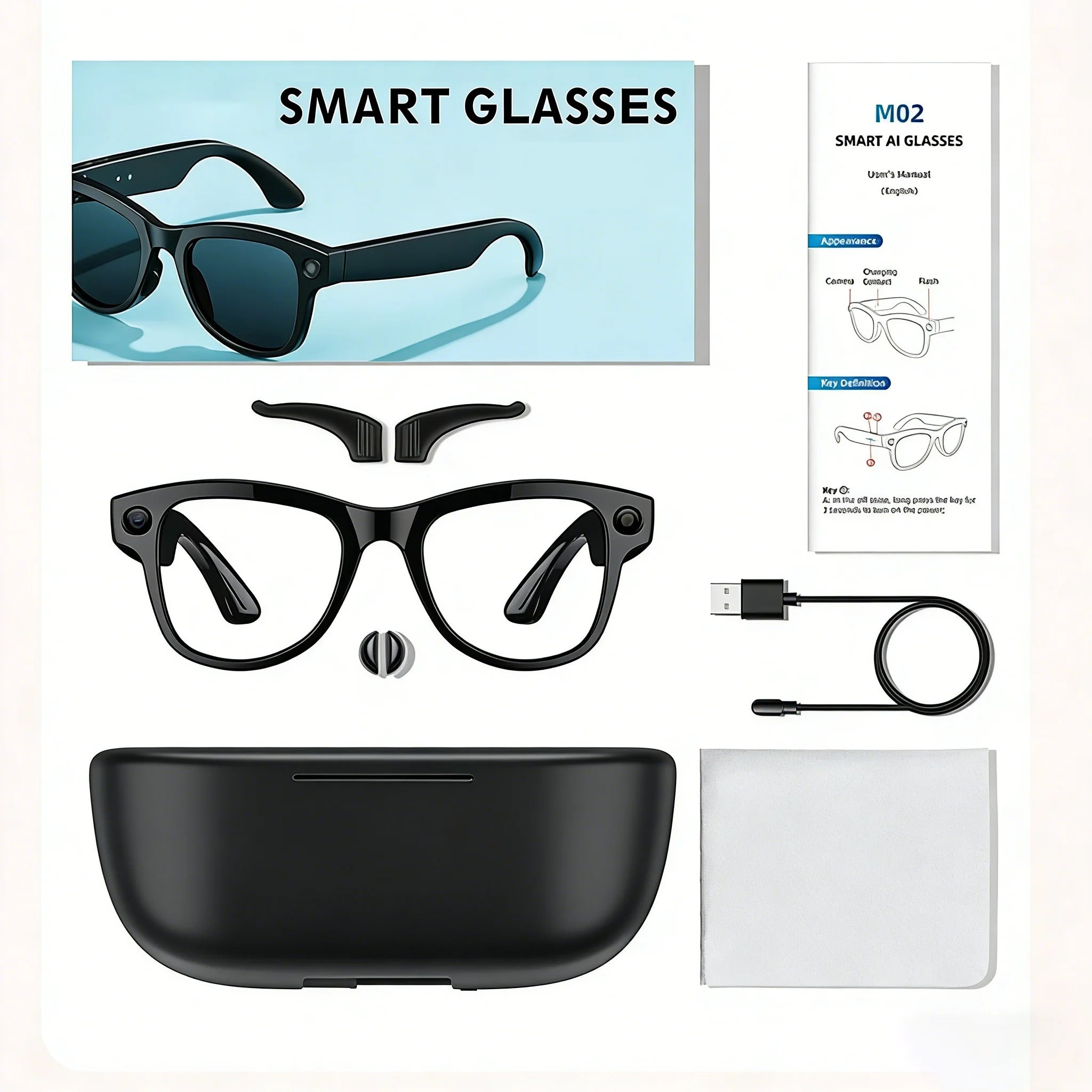 M02 AI Smart Glasses Bluetooth Call Music Player 8MP Camera 100+ Languages Translation Sunglasses with Charging Box