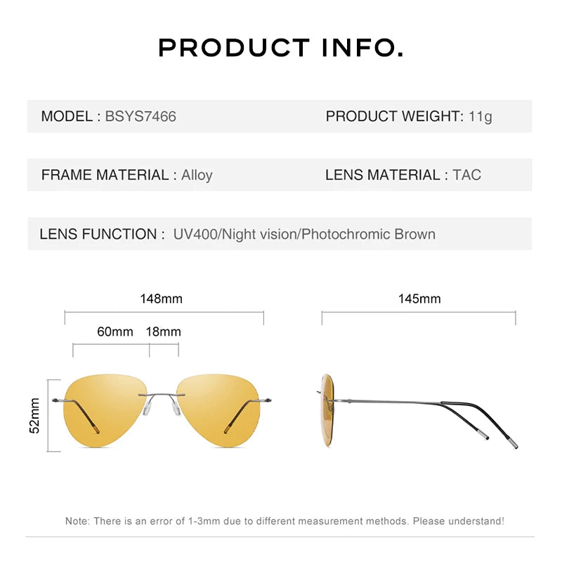CAPONI Rimless Sunglasses Night Vision Yellow Pilot Sun Glasses For Men Women Discoloration Multifunction UV400 Glasses BSYS7466