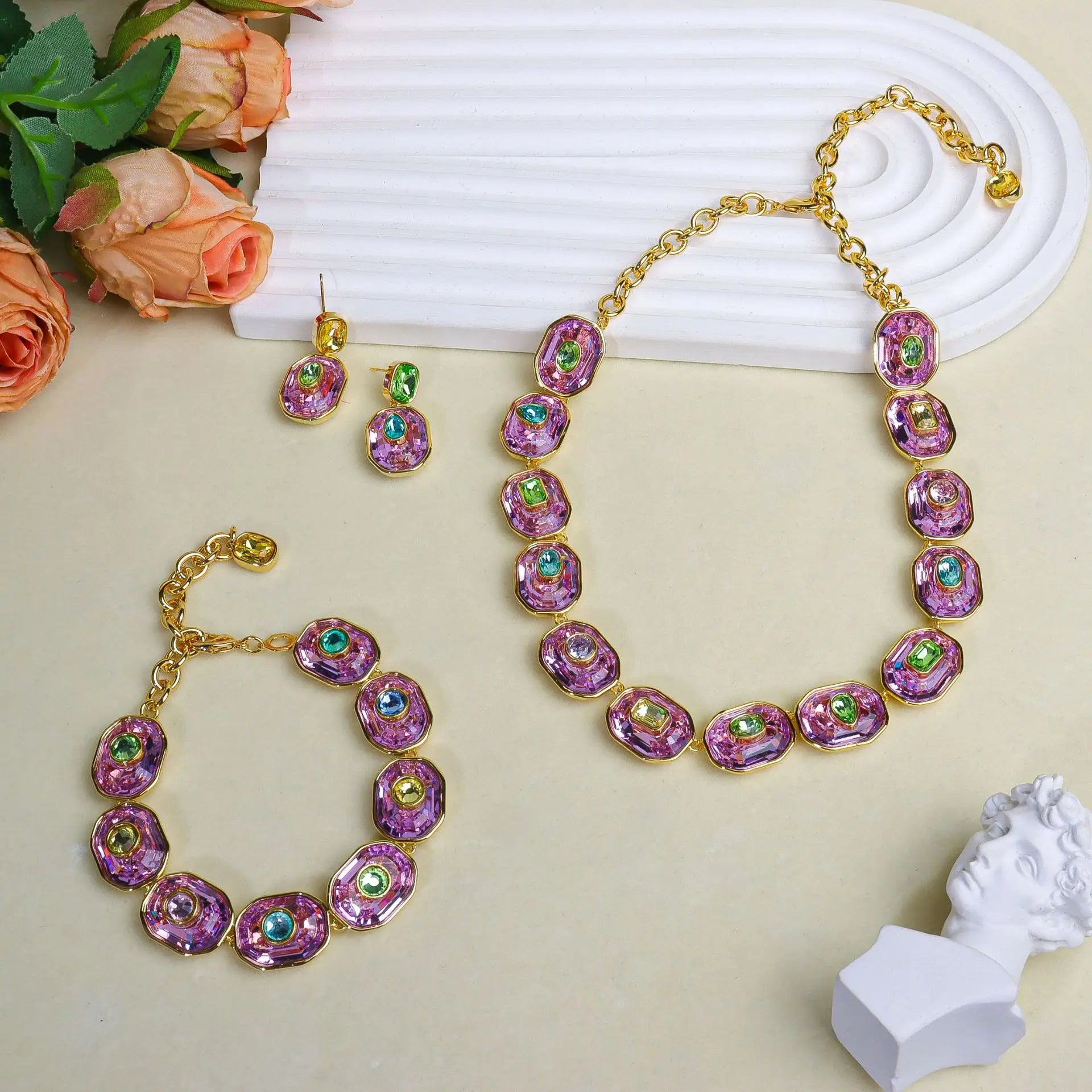 Delicate Crystal Beaded Necklace Earrings Bracelet Gift Set, High-End Fashion Jewelry Collection for Women,work to dinner piece