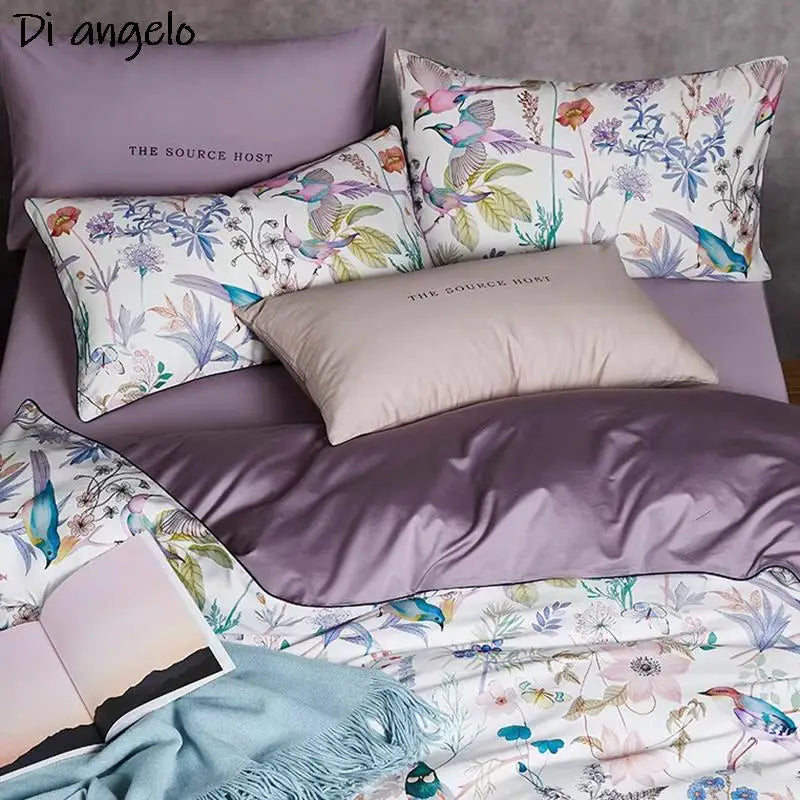 Flower Bird Digital Printing Bedding Sets 600TC Egyptian Cotton 4pcs Bed Linen Duvet Cover Set Luxury Bed Sheets Pillowcases #s