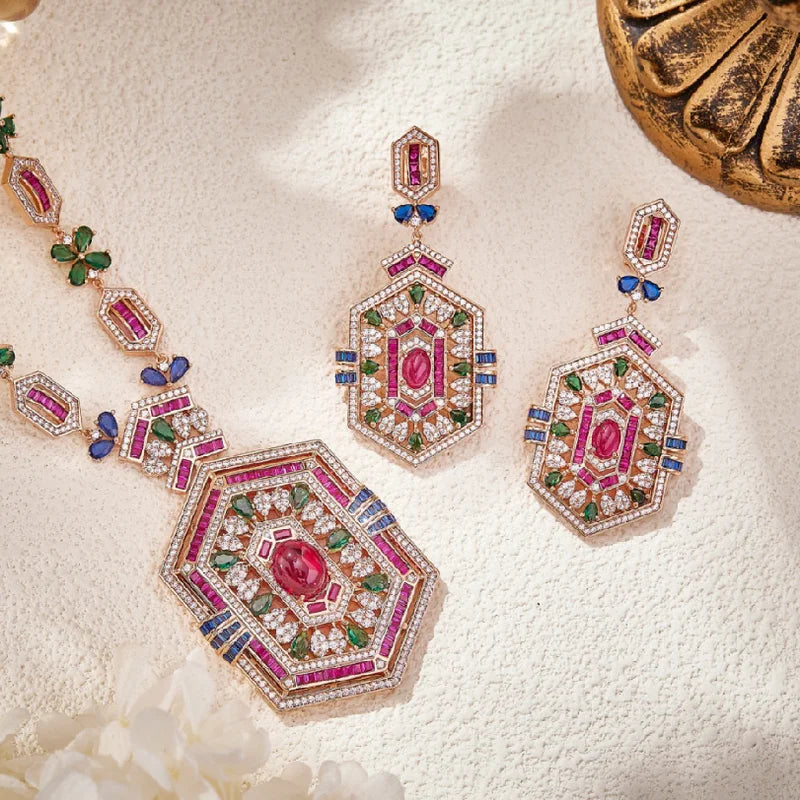 Designer Collection Earrings Necklace Women Lady Inlay Cubic Zircon Synthetic Ruby Rhombus Tassels Pendant Party Jewelry Sets