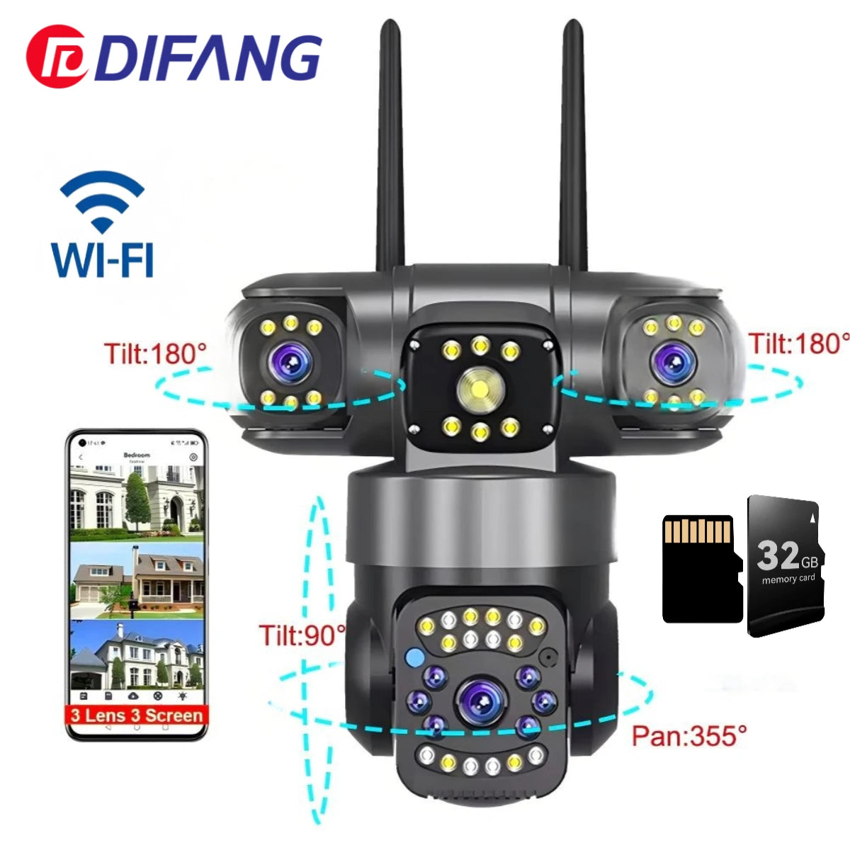 DIFANG 12MP WIFI Solar Camera 3 Len 3 Screen 10X  Zoom Outdoor Wireless Security Cameras Auto Tracking CCTV 24/7 Hour Recording