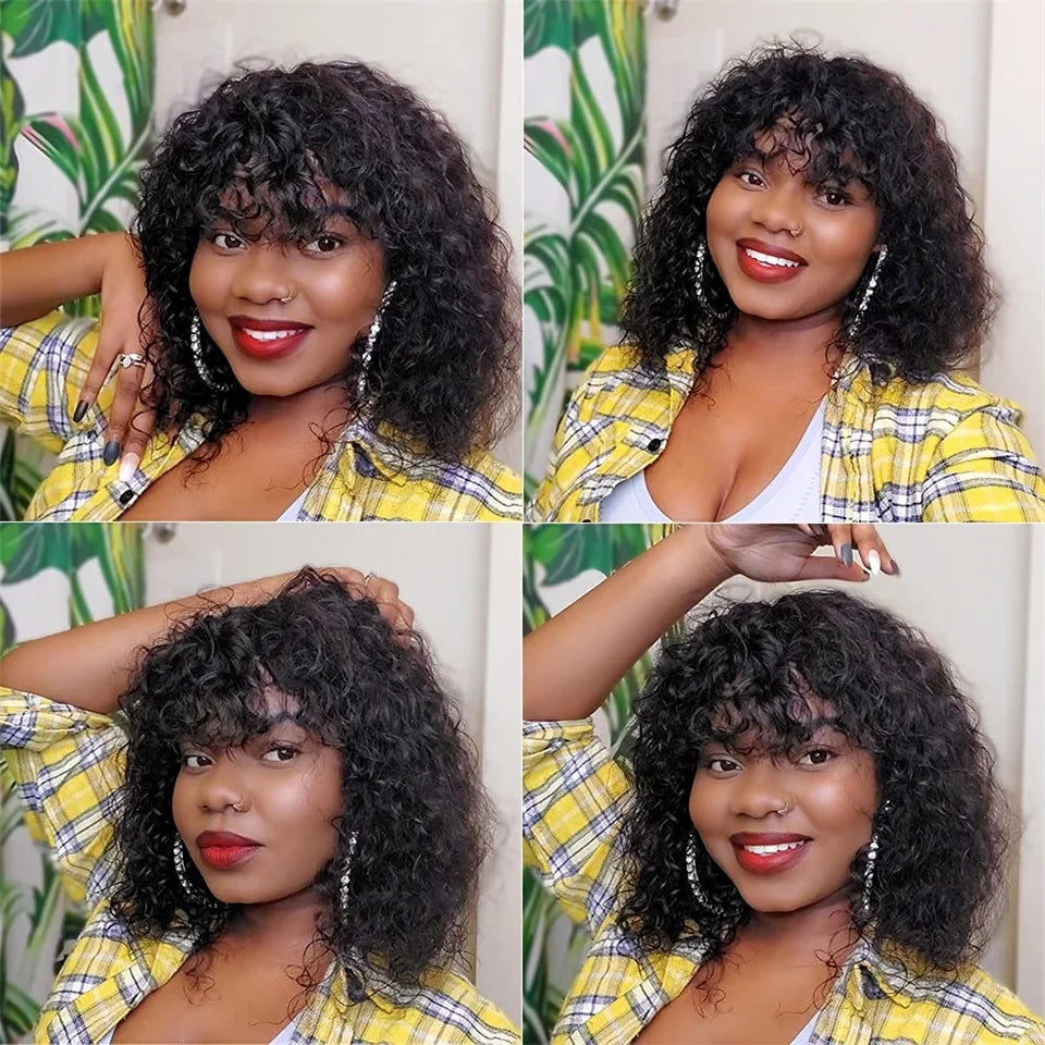 Water Curly 100% Virgin Human Hair Wig with Bangs 210% Density Peruvian Hair  Full Machine Made Wigs Natural Black Color