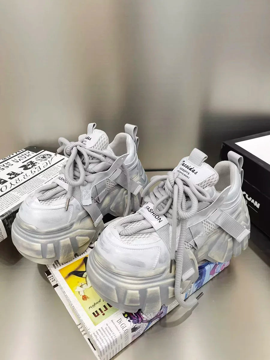 Women Chunky Sneakers High Heels Platform Thick Bottom Mesh Shoes Height Increase Fashion Unique Design Luxury Brand Spring 2025