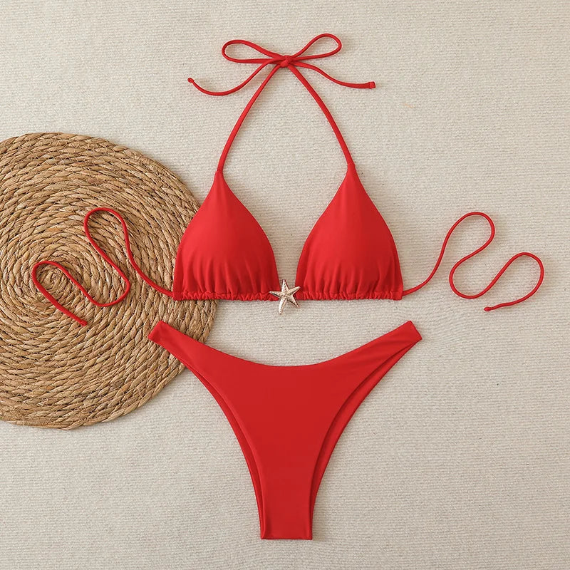 Sexy Bikini Set Solid Swimsuit Women Beachwear 2026 Thong Micro Bikinis Female Swimwear High Cut Neck Bathing Suit Beach Biquini