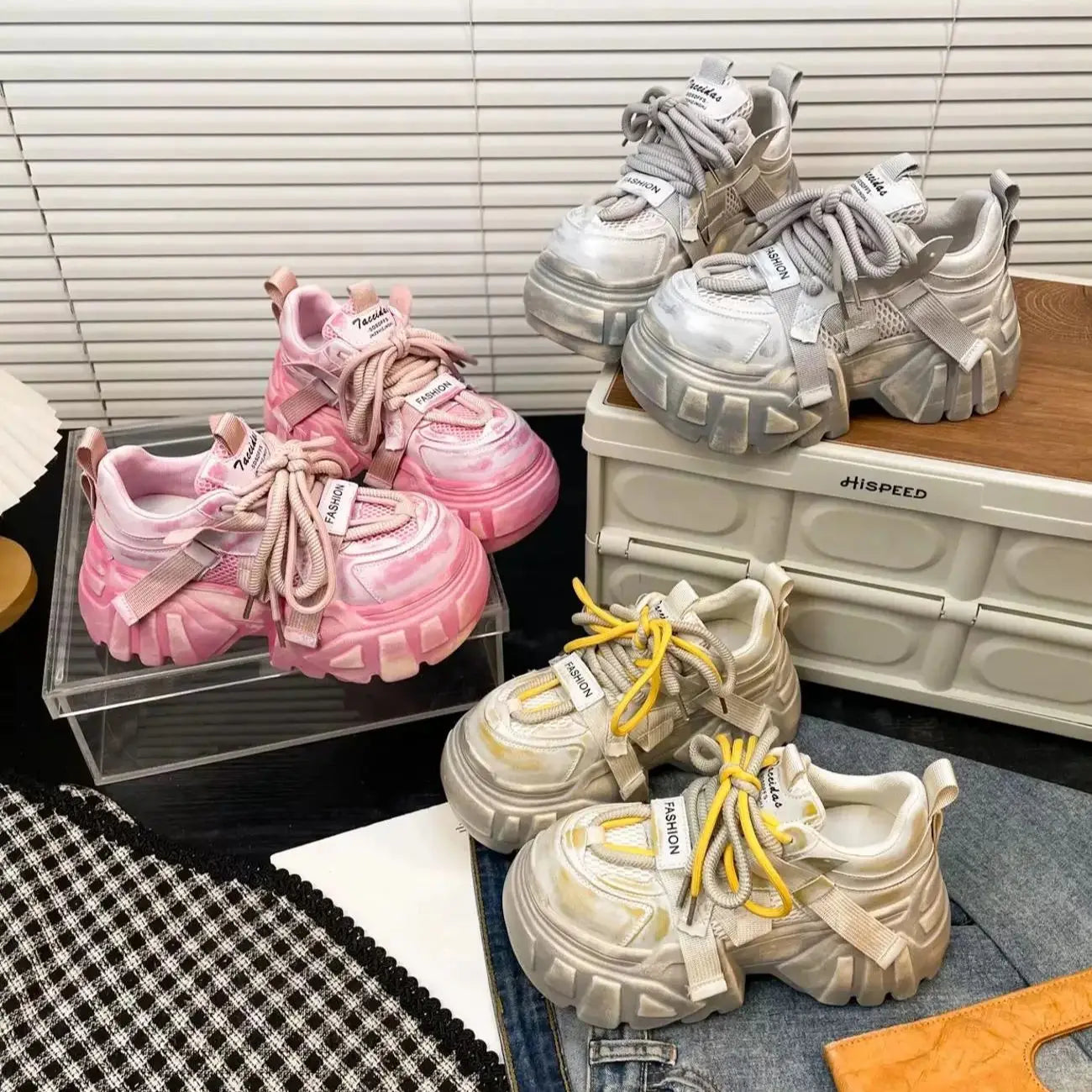 Women Chunky Sneakers High Heels Platform Thick Bottom Mesh Shoes Height Increase Fashion Unique Design Luxury Brand Spring 2025