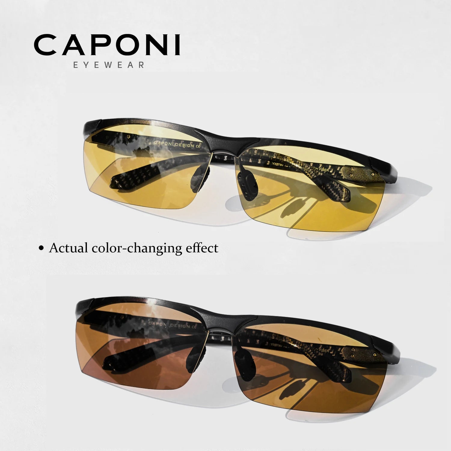 CAPONI Night Vision Men Sunglasses Carbon Firber Driving Sports Photochromic UV400 HD Sun Glasses Protect Yellow Shades BSYS8780