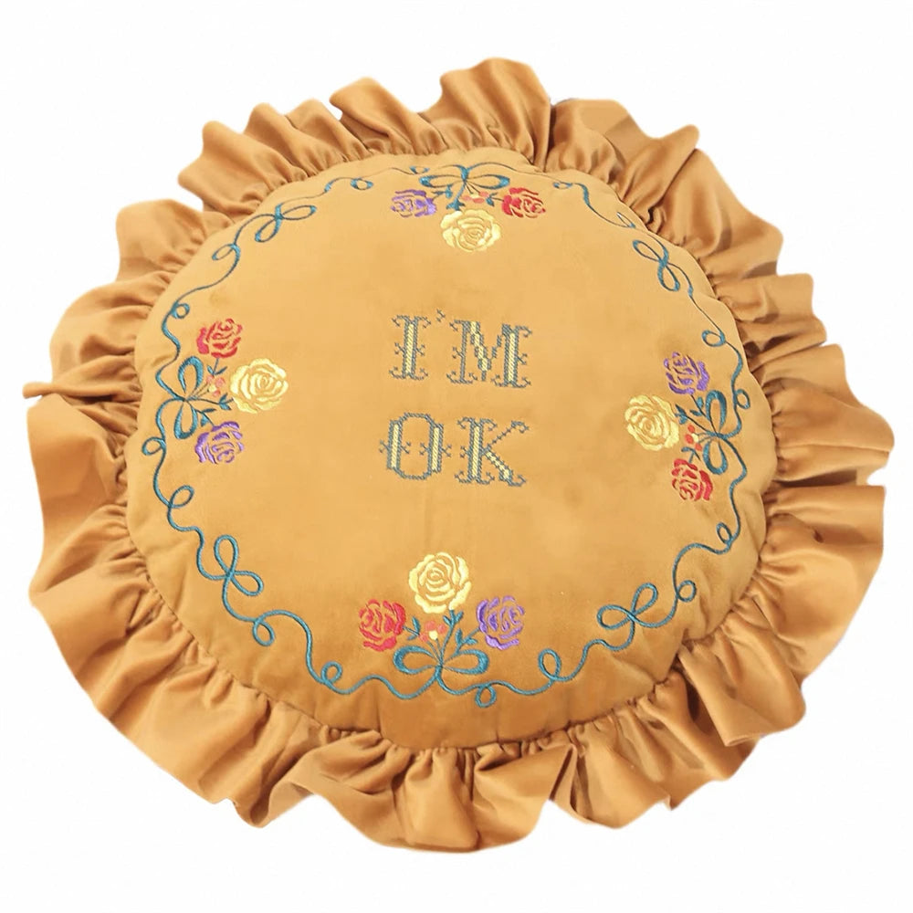 European-Style Pillow Two-Sided Sponge Balcony Cushion Home Decoration Embroidery Letter Printing Ruffled Round Love Pillowcase