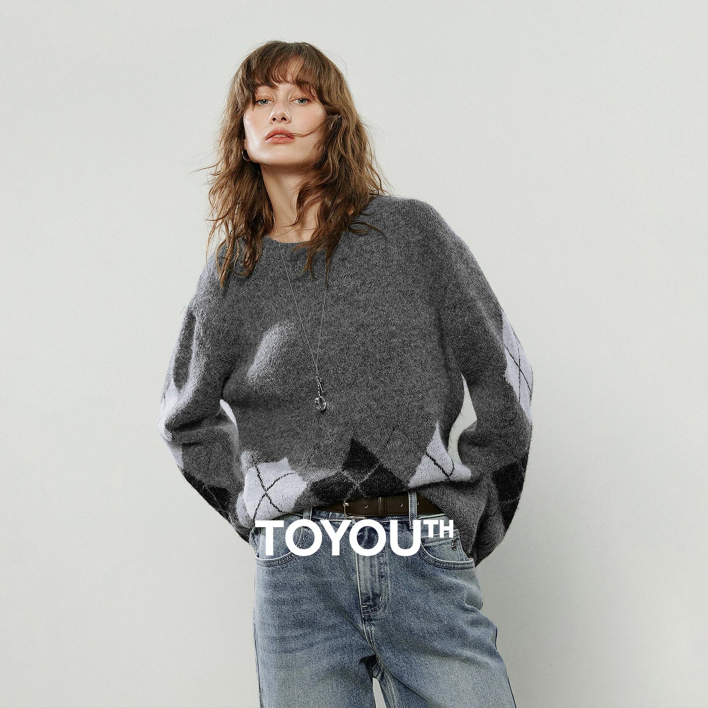 TOYOUTH Women Sweaters 2025 Winter New Vintage Argyle Alpaca Wool Yarn Crew-neck Knitted Tops