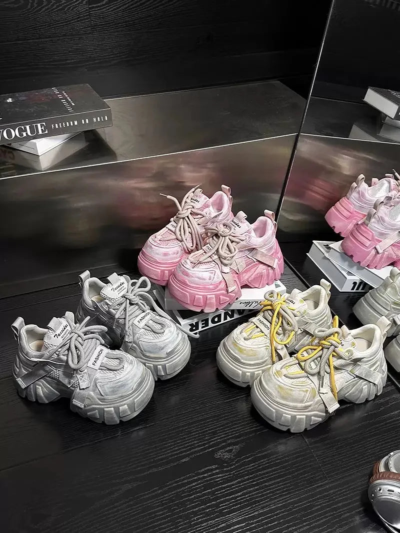 Women Chunky Sneakers High Heels Platform Thick Bottom Mesh Shoes Height Increase Fashion Unique Design Luxury Brand Spring 2025