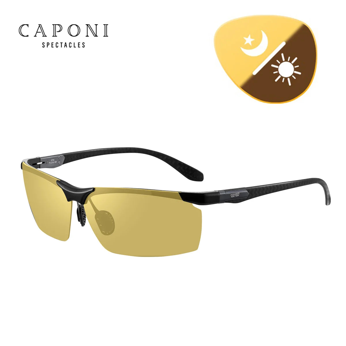 CAPONI Night Vision Men Sunglasses Carbon Firber Driving Sports Photochromic UV400 HD Sun Glasses Protect Yellow Shades BSYS8780