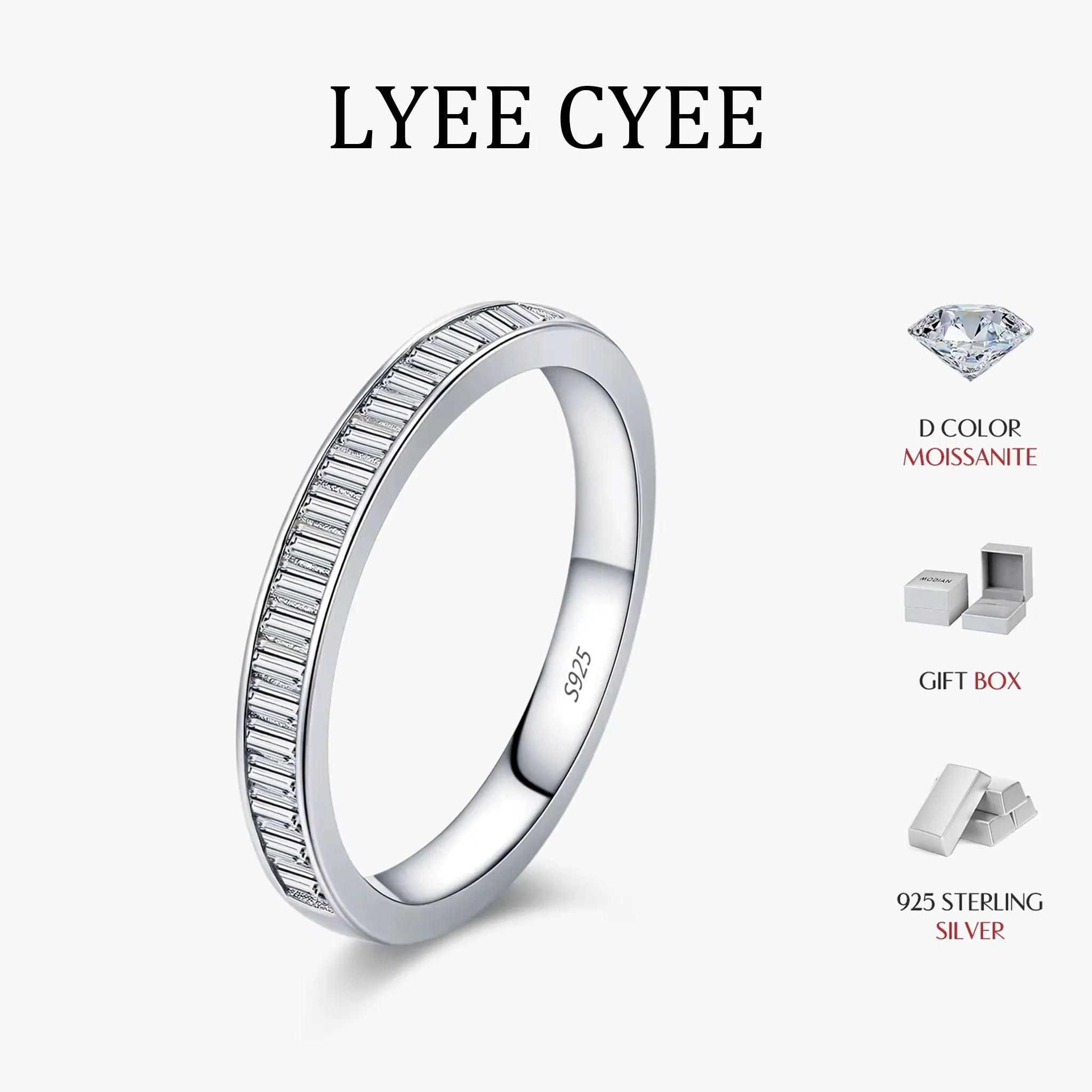 LYEE CYEE Dazzling D Color Rectangle Moissanite Stackable Rings 925 Sterling Silver Eternity Band Rings For Women Fine Jewelry
