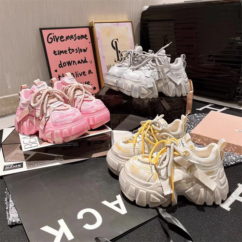 Women Chunky Sneakers High Heels Platform Thick Bottom Mesh Shoes Height Increase Fashion Unique Design Luxury Brand Spring 2025