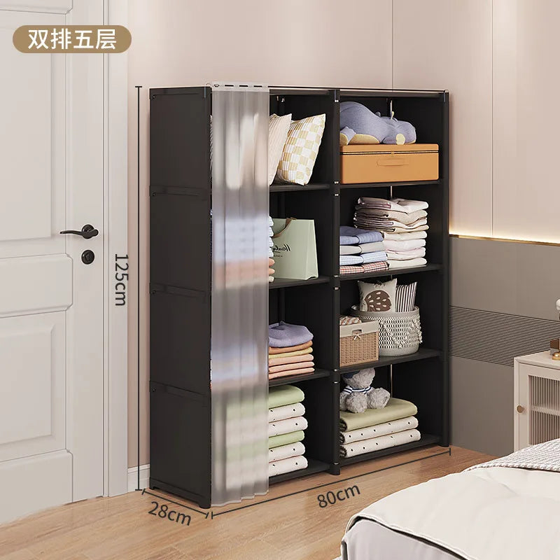 Multi-layer Storage Rack Dustproof Wardrobe Storage Cabinet Multifunctional with Curtains Portable Clothes Organizer Cabinet