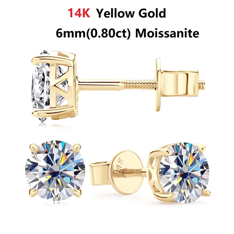 IOGOU 14k Gold Earrings Real 6mm Moissanite Diamond Stud Earrings for Men Women 10K Yellow Gold Screw Back Earrings Fine Jewelry