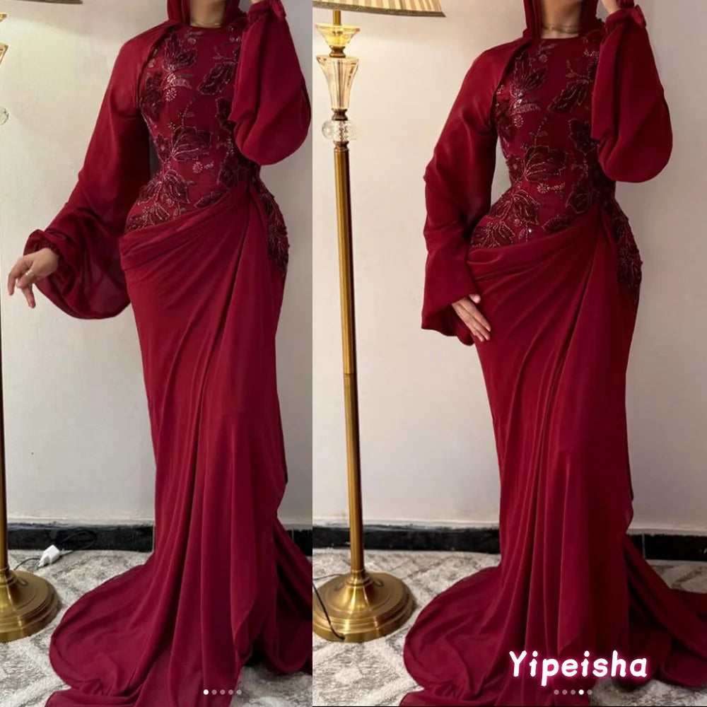 Customized Mermaid Evening Dresses Floor-length O-neck Full Sleeve Prom Gown Fashion Flowers Sequins Simple Draped Party Gown