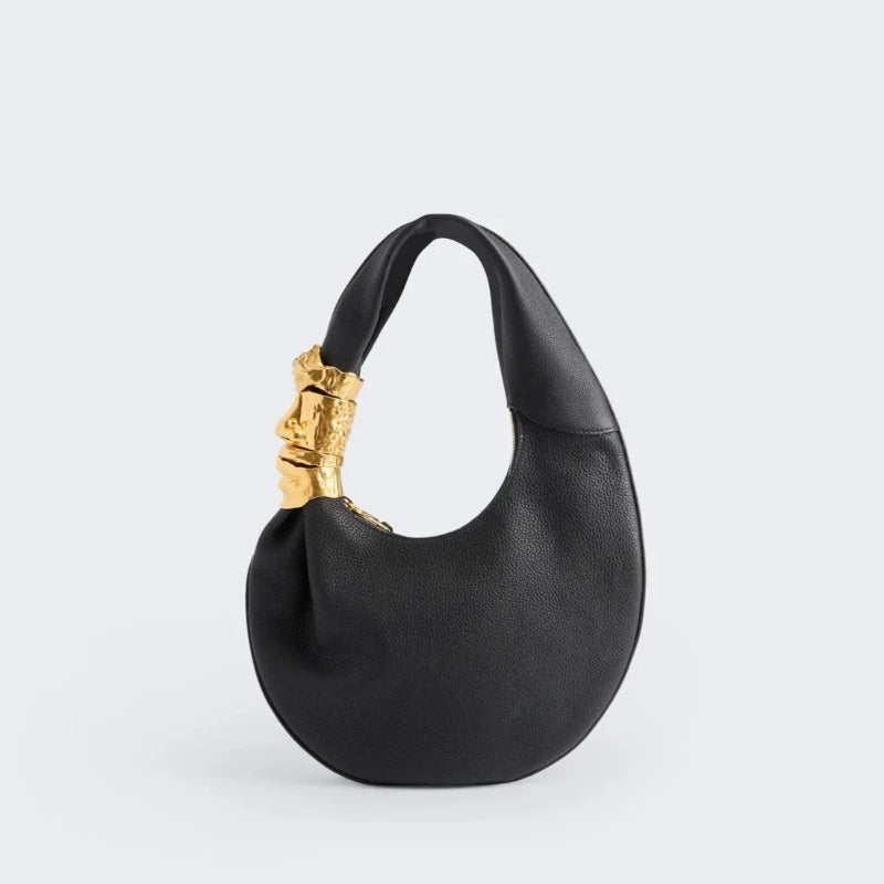 Designer Luxury Soufflé Bag Women Black Grained Leather Face Hardware Half Moon Handbag Fashion Chic Trend High End Shoulder Bag