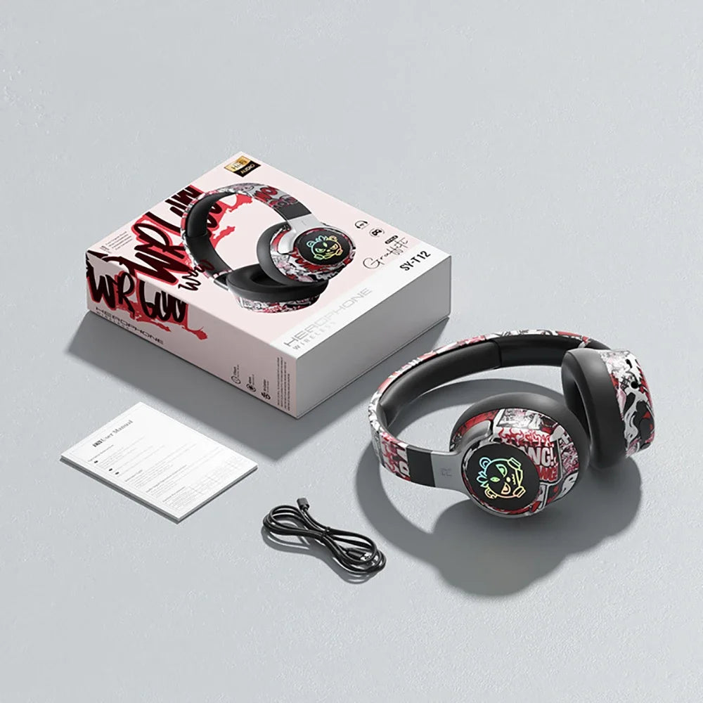 Bluetooth 5.3 Gaming Wireless Headset, Low Latency, Noise Cancelling Mic, RGB Light, Over-ear Headphones for PC