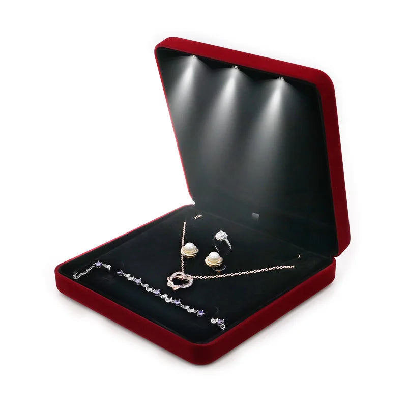 Large Velvet LED Jewelry Set Box Necklace Earrings Ring Jewellery Gift Display Storage Case with Custom Logo