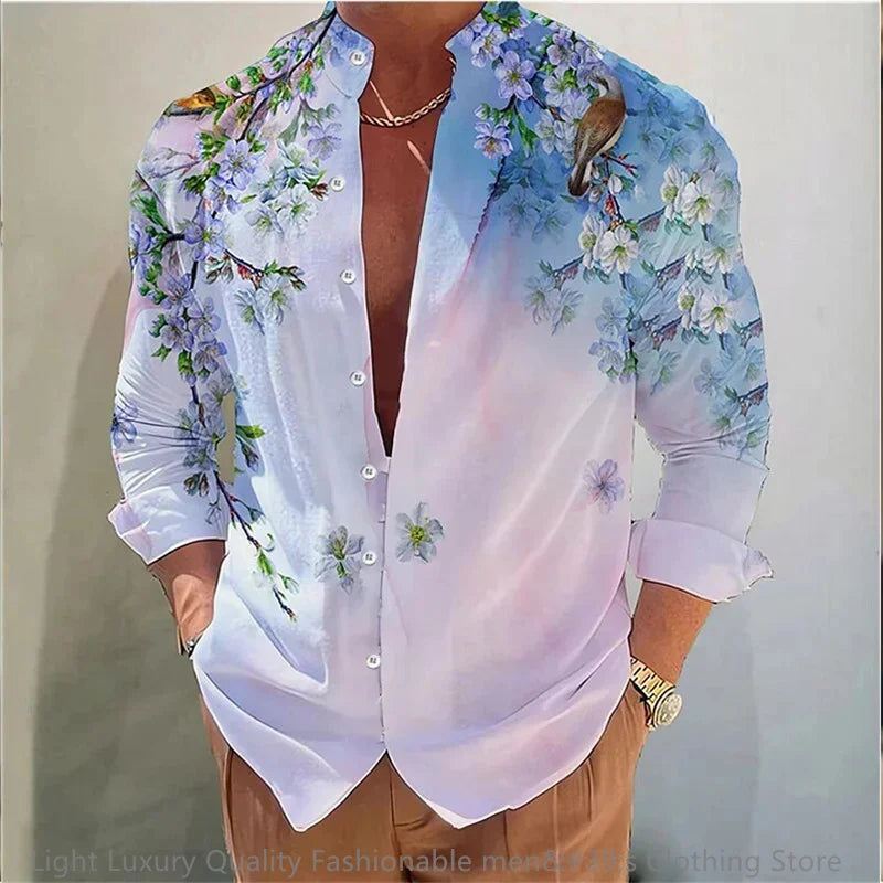 New men's shirt long-sleeved shirt 3D printing flower pattern long-sleeved standing clothing fashion casual XS-6XL soft fabric