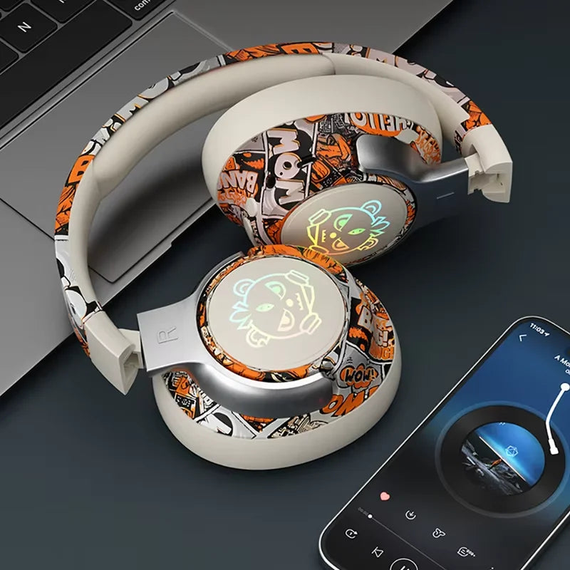 Bluetooth 5.3 Gaming Wireless Headset, Low Latency, Noise Cancelling Mic, RGB Light, Over-ear Headphones for PC