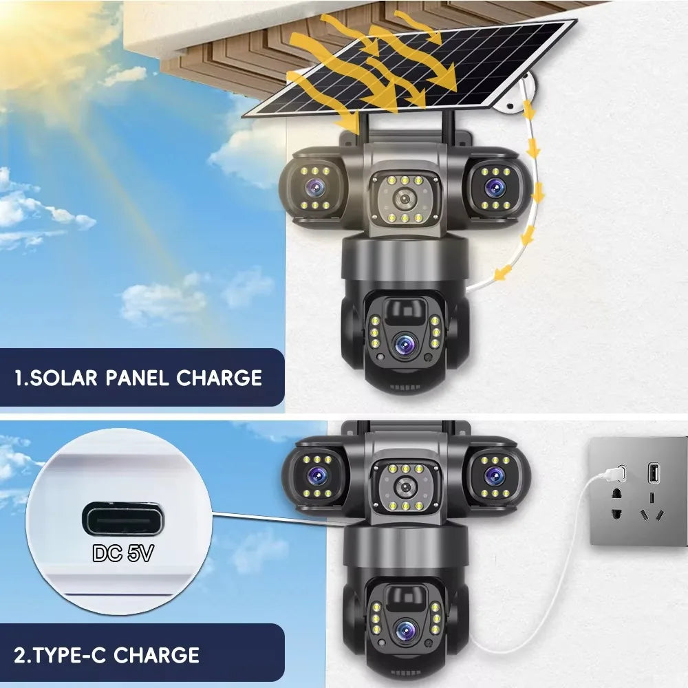 DIFANG 12MP WIFI Solar Camera 3 Len 3 Screen 10X  Zoom Outdoor Wireless Security Cameras Auto Tracking CCTV 24/7 Hour Recording