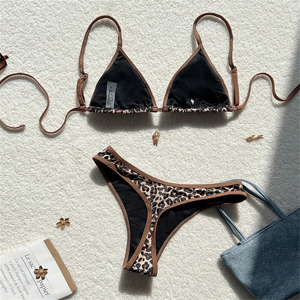 Leopard Bikinis Sets Sling Swimsuit String Lace Up Backless Bikini Extreme Micro Thongs Women Beach Outfit Bathing Suit Swimwear