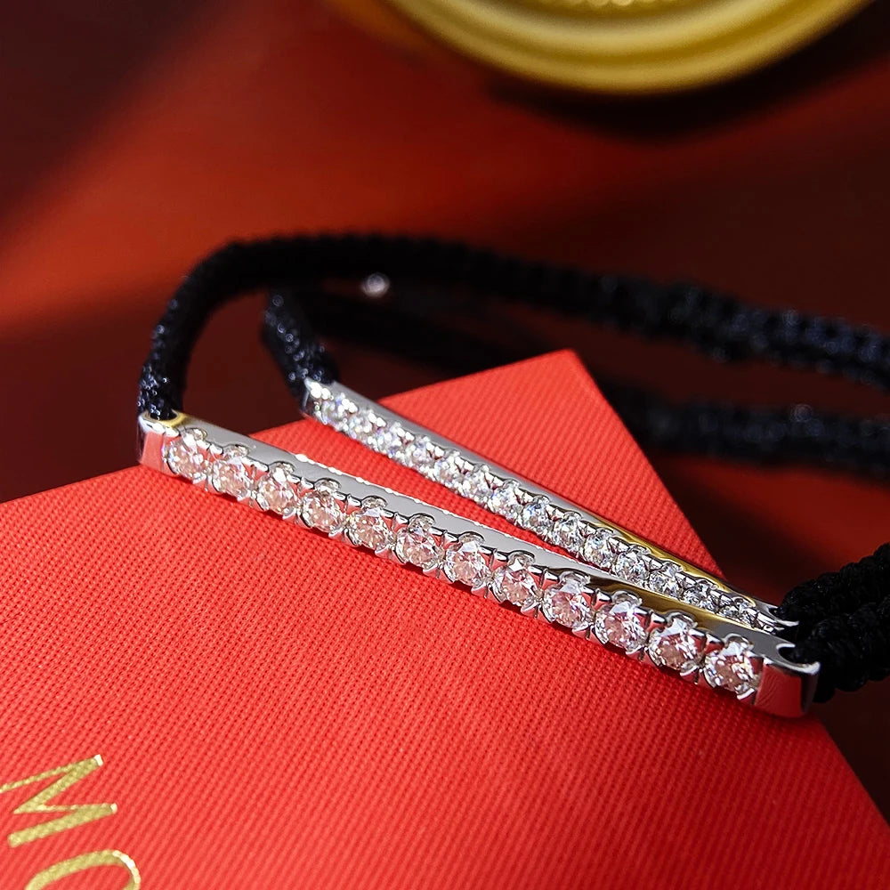 OEVAS 2/3mm Full Moissanite Bracelet for Women S925 Silver Lab Diamond Adjustable Braided Rope Chain Party Fine Jewelry Gift