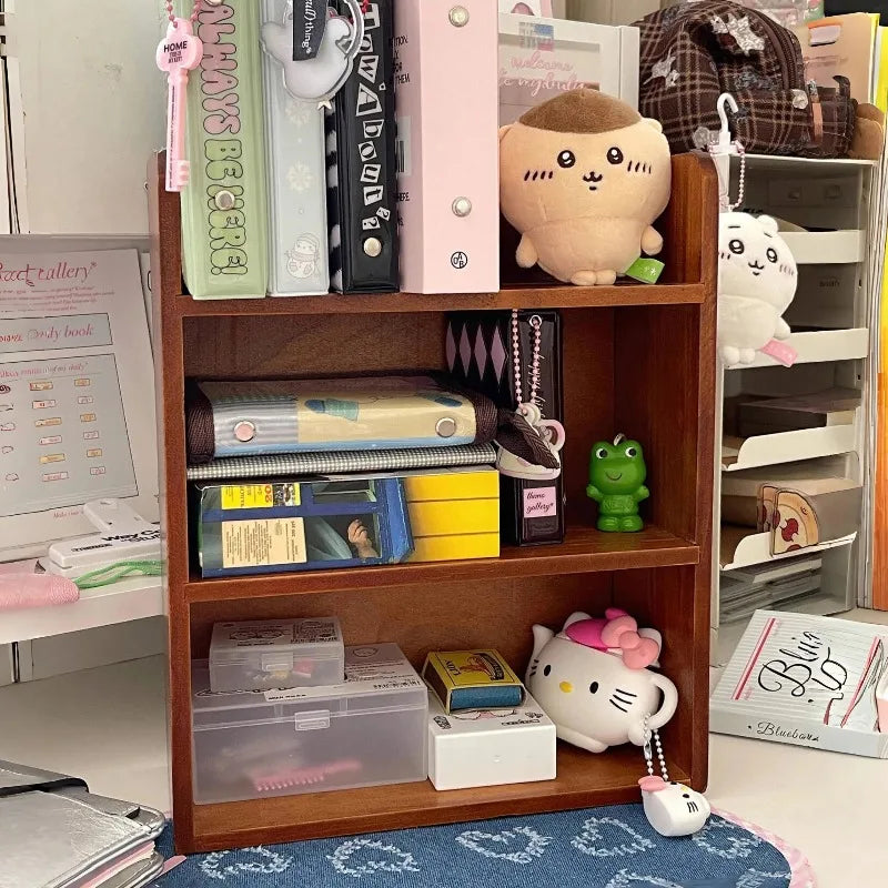 Dormitory Desktop Storage Rack Organizer Wood Retro Storage Cabinet Cosmetics Storage Box Table Multi-layer Figurines Organizing